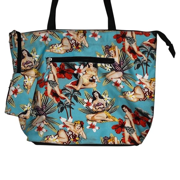 Vintage-Inspired Hawaiian Pin-Up Girl Print Tote Bag Zipper Pockets &  Pouch - Picture 1 of 15